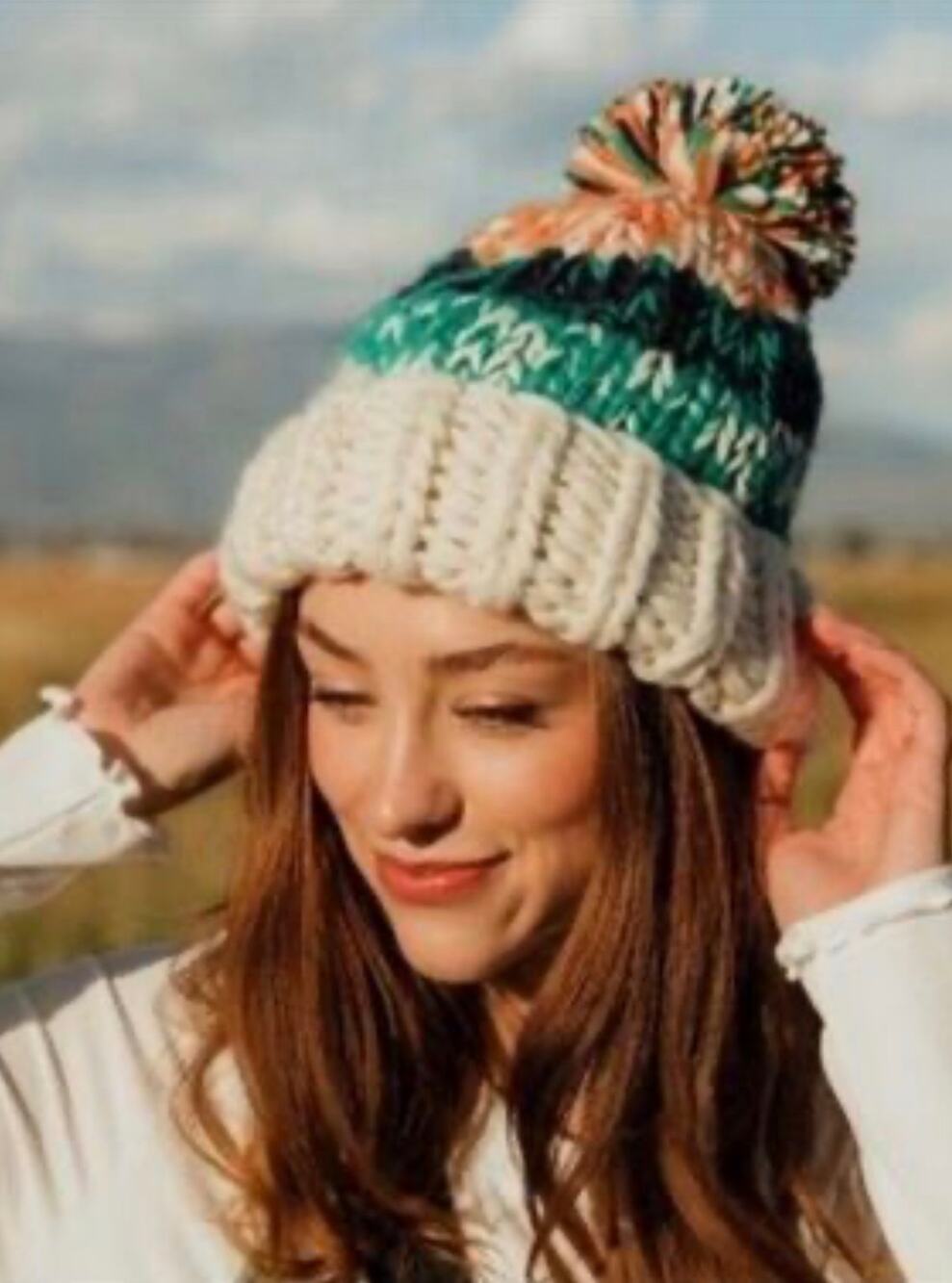 Free People Tide Stripe Knit Oversized Pom Pom Beanie Chunky Ivory Winter Hat